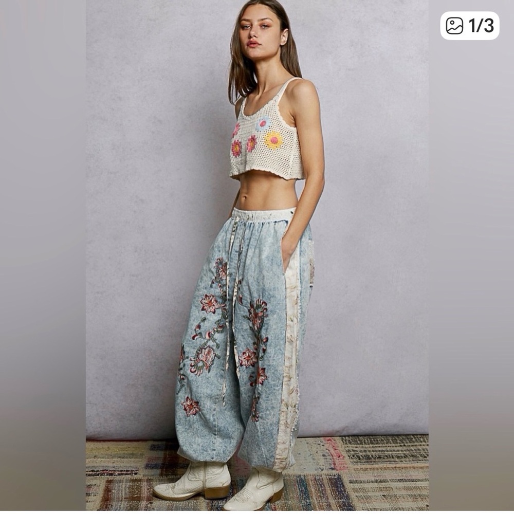 POL Light Blue Floral Embroidered Track Pants